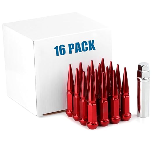 JiiinMiiin M10x1.25 Long Steel Spike Lug Nuts, Thread Pitch 10x1.25, Set of 16 ATV Wheel Nuts with A Socket. [Red]