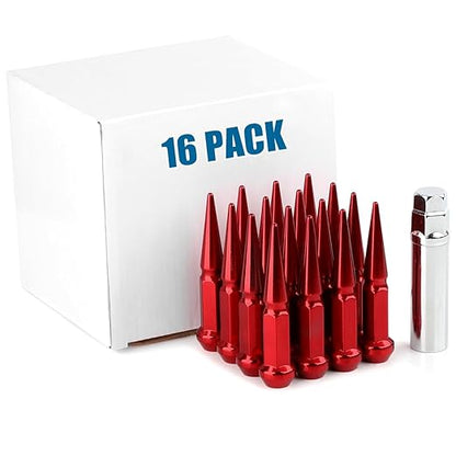 JiiinMiiin M10x1.25 Long Steel Spike Lug Nuts, Thread Pitch 10x1.25, Set of 16 ATV Wheel Nuts with A Socket. [Red]