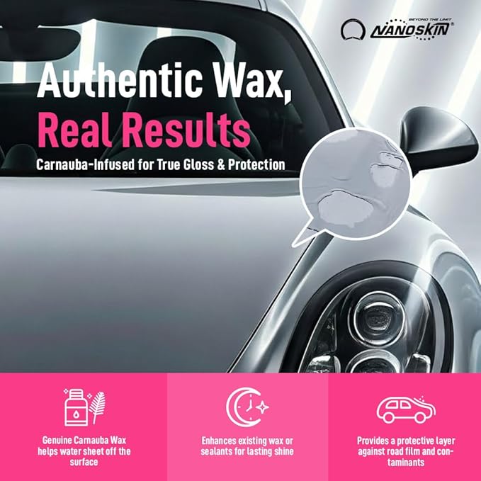 Nanoskin WASH N' WAX with Carnauba 16 Oz. - Cleans & Shines in One Step | Works with Foam Cannon, Foam Gun, Bucket Washes, Pressure Washer | Carnauba Wax Protection for Cars