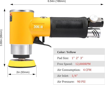 ZHONG AN 2/3 inch Mini Orbital Sander Pneumatic Palm da sander Air Polisher Super Smooth and Swirl Freely for Auto Body Work Wood working with 20 PCS Sanding Discs,Yellow