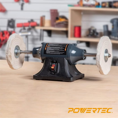 POWERTEC 8-Inch Bench Buffer Jewelry Polisher - Includes 2PCs 80Ply Thic Buffing Wheels | Slow Speed Long Shaft Benchtop Machine for Polishing Metal, Jewelry, Knives, Wood, Jade, and Plastic (BF800)