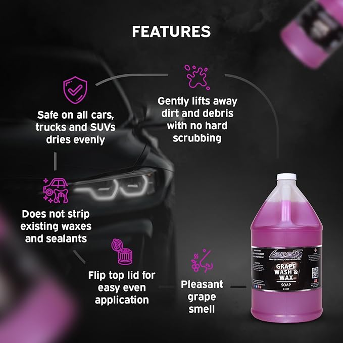 Lanes Car Wash and Wax - Car Wash and Wax in One, Grape Scented Car Wash, Safe for All Surfaces, Concentrated Soap Wax Formula (1 Gallon)