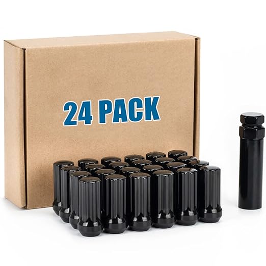 JiiinMiiin 24pcs M14x2.0 Lug Nuts Black with 7 Spline Tuner, 14x2 Locking Lugnut 2 inch Length with 1 Socket Key, 60 Degree Conical/Cone Bulge Seat Closed End.
