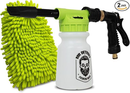 Mr. Detroit - Car Wash Foam Blaster and Chenille Double Noodle Microfiber Wash Mitt Scratch-Free Premium Wash Mitt, Lime Green - Car Wash Gun Connects to Any Garden Hose - 2pc