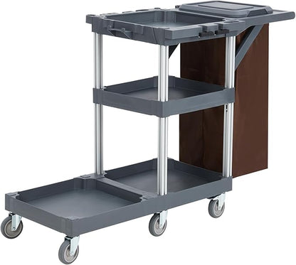 Commercial Janitorial Cart with Wheels, 3-Shelf Cleaning Trolley Cart with 16-Gallon Trash Bag, 220 Lbs Capacity Rolling Housekeeping Carts, Ideal for Hotel,School, Apartments