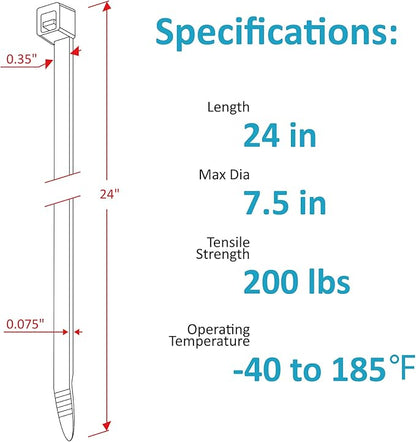 Long Zip Ties Heavy Duty 24 inch, Large Zip Ties with 200 lbs Tensile Strength, Big Cable Ties, Black, 50 Pack, by GAIIAN