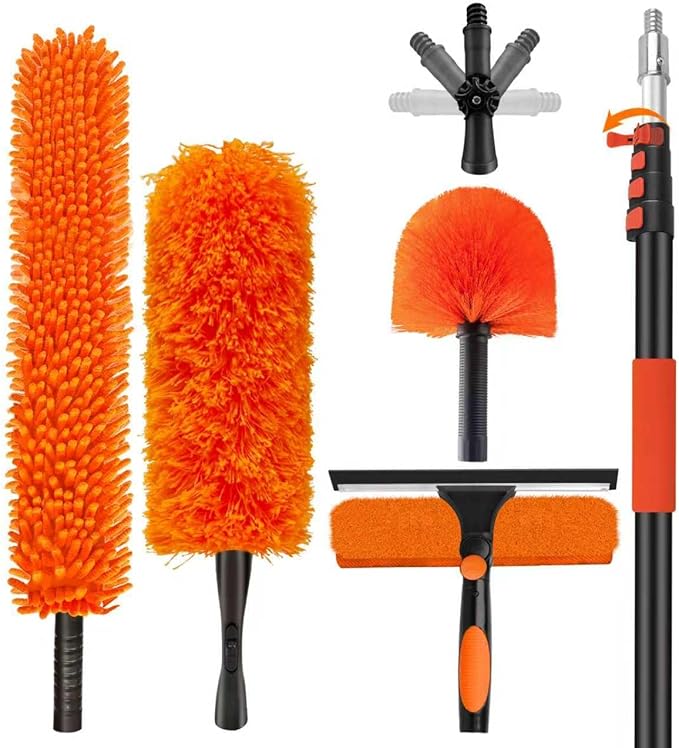 26FT High Reach Duster Cleaning Kit with 20FT Pole | 4-in-1 Tool Set with Universal Swivel Joint | High Ceiling Fan Cleaner, Microfiber Duster, & Window Squeegee for Safe High-Reach Cleaning