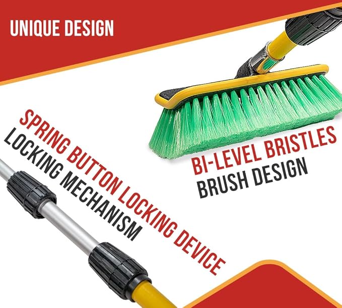 Mytee Products 4 - Pack 10" Bi-Level Car Wash Brush and 5' to 13' Extendable Handle w/Soft Bristles Suitable for Auto RV Truck Boat Camper Exterior Washing Cleaning, Green