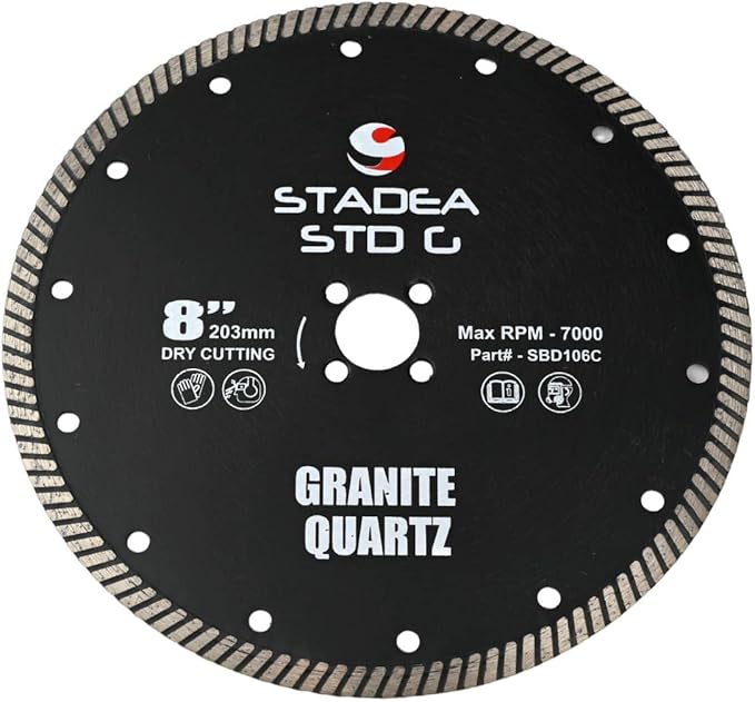 Stadea SBD106C Diamond Saw Blade 8-Inch Continuous Turbo Dry Cutting - Cuts Granite Quartz Quartzite, Fits Grinder, Saw Cutter, 8 MM Segments - Pack of 1