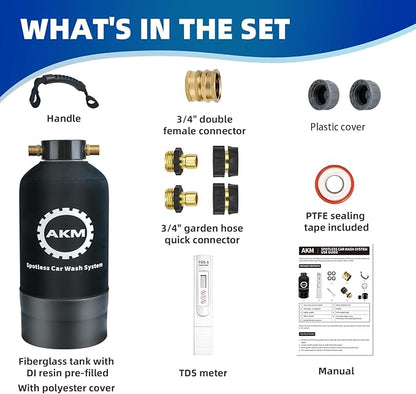 AKM Spotless Water System for car wash,Pre-Filled with DI Resin, DI Water System,Garden Hose Quick Connector, Deionized Water System for RV, Vehicles, Motorcycles, Bikes, Boats, Planes,No Spots