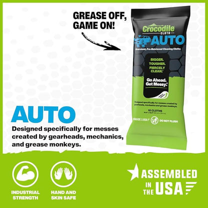 Crocodile Cloth Auto Cleaning Wipes – 10 XL (15" x 10") Disposable Wipes for Car Engine Degreasing, Body Detailing & Tire Cleaning – Cuts Grease, Oil, Adhesives on Hands, Tools, Parts & More