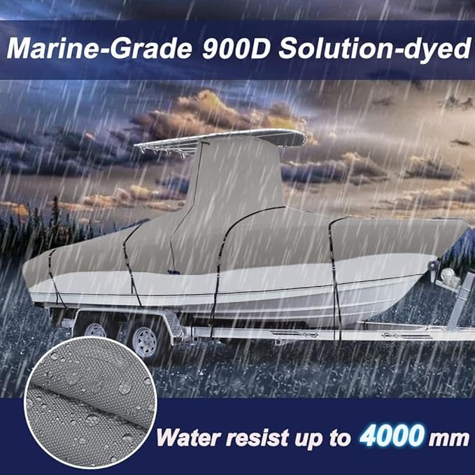 900D Marine Grade Fade and Tear Resistant Trailerable T-Top Boat Cover, Heavy-Duty Waterproof and UV-Proof T TOP Boat Storage Cover with Windproof Metal Buckle Straps Fit 18ft-20ft Long(Gray)
