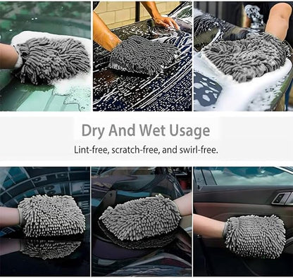 WASH&WHIPS Chenille Premium Scratch-Free Microfiber Lint-Free Wash Mitt - Regular Size, 8" x 10" in, Blue -2 Pack