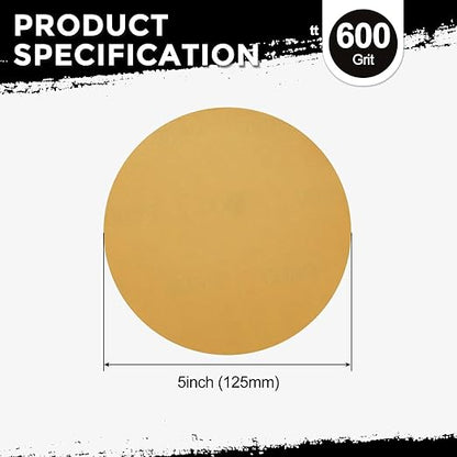 Kozelo 25 Pcs Sanding Discs 5 Inch 600 Grit Hook and Loop Random Orbital Sandpapers Suitable for Drywall Sander Wood Metal Furniture, Yellow