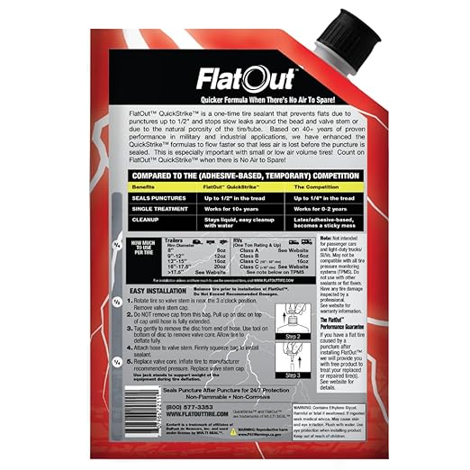 FlatOut QuickStrike Tire Sealant On-Road Formula - Prevent Flat Tires - Seal Leaks - Contains Kevlar - Tubeless Tire Sealant - Fast-Acting Formula - 32 Ounce Bag - Pack of 4