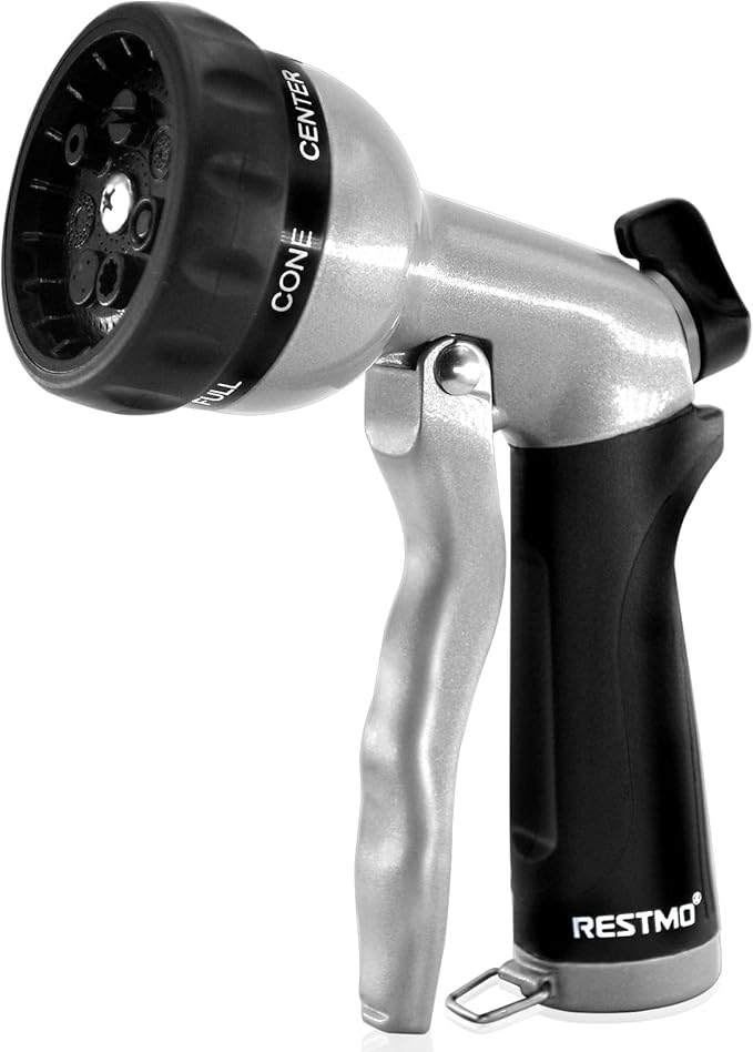 RESTMO Garden Hose Nozzle, Heavy Duty Metal Water Nozzle with 7 Adjustable Spray Patterns, High Pressure Hand Sprayer with Flow Control, for Watering Plants & Lawns, Washing Cars & Pets, Black