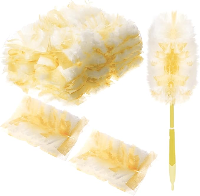 Vesici 50 Pcs Duster Refills Compatible with Swiffer Dusters Bulk Disposable Replacement Thickened with 1 Handle Heavy Duty for Cleaning, Office (Yellow)