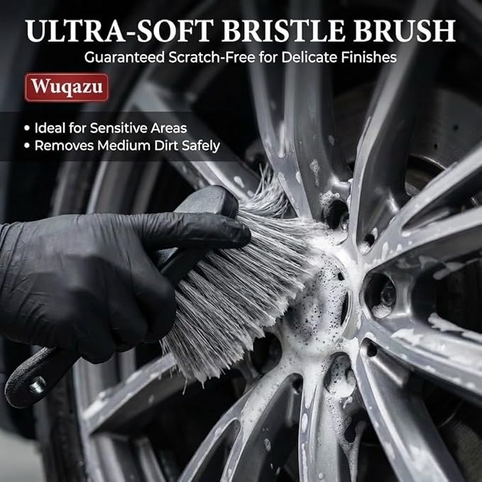 Wuqazu 8PCS All-in-One Wheel & Tire Cleaning Kit - 360° Flexible Synthetic Wool Rim Brush, 2 Dual-Hardness Brushes, Dressing Pads & Storage Bag | Scratch-Free for All Vehicles