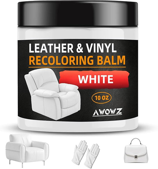 AWOWZ Leather Recoloring Balm - Scratch Repair & Color Restore Kit for Faded Leather, Leather Couch & Car Seats - 10OZ Leather Restorer Balm for Furniture, Auto Interior, Vinyl, Accessories (White)
