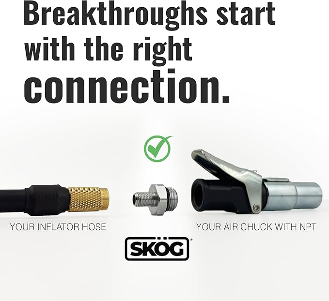 SKÖG Self-Sealing Tire Inflator Adapter (2 Pack) – 1/4” NPT Male to Schrader Valve, Leak-Free O-Ring, No Tape Needed