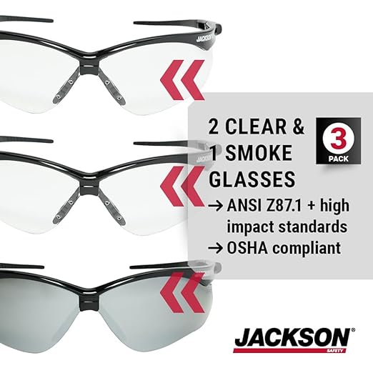 Jackson Safety SG Safety Glasses - Eye Protection for Men & Women - Anti-Scratch Lens with Black Frame - ANSI Z87.1 - Pack of 3 (Multiple Styles)