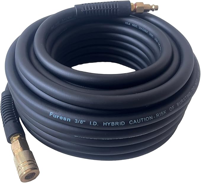 Air Hose 3/8 in x 50 ft, Heavy Duty, Lightweight, Kink Resistant, Hybrid Air Compressor Hose with 1/4 in Solid Brass Male Fittings, Bend Restrictors, 300 PSI (50FT, Black)