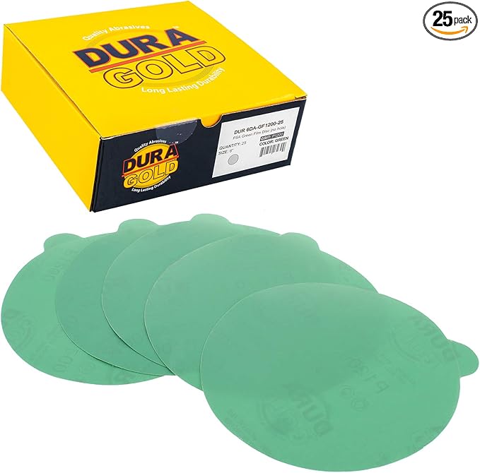 Dura-Gold Premium 6" Green Film PSA Sanding Discs - 1200 Grit (Box of 25) - Self Adhesive Stickyback Sandpaper for DA Sander, Detailing Finishing Cut Abrasive, Sand Automotive Paint Woodworking Wood