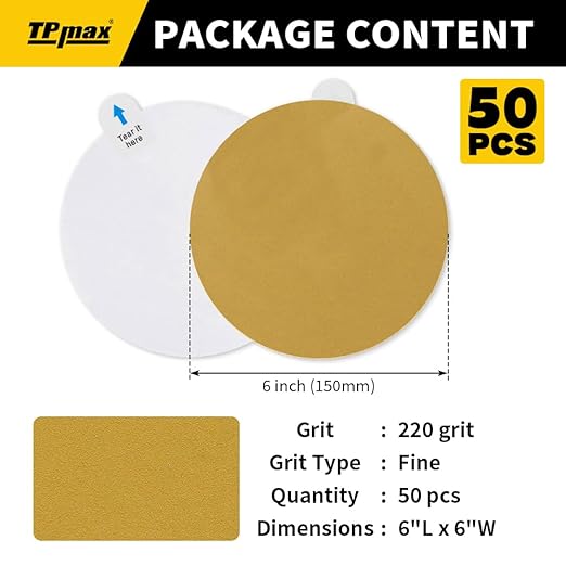 6-Inch 220-Grit Gold PSA Sanding Discs, 50 Pack – Pro-Grade Self-Adhesive Stickyback Sandpaper with Quick-Release Tabs for DA Sander, Fine Automotive/Wood/Metal Sanding