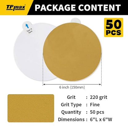6-Inch 220-Grit Gold PSA Sanding Discs, 50 Pack – Pro-Grade Self-Adhesive Stickyback Sandpaper with Quick-Release Tabs for DA Sander, Fine Automotive/Wood/Metal Sanding