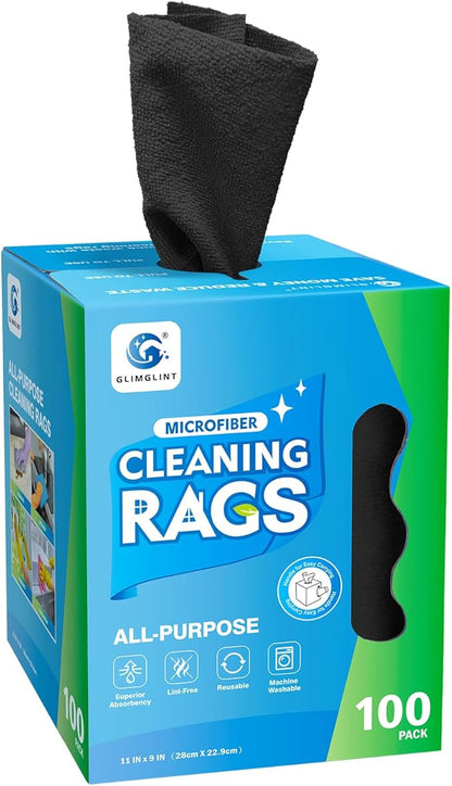 GLIMGLINT Black Microfiber Cleaning Cloth, 100 Pack Cleaning Rags, Lint-Free, Ultra Absorbent Reusable Paper Towels for Home, Kitchen, Car, Garage or Shop, Dish Rags, 11" x 9"