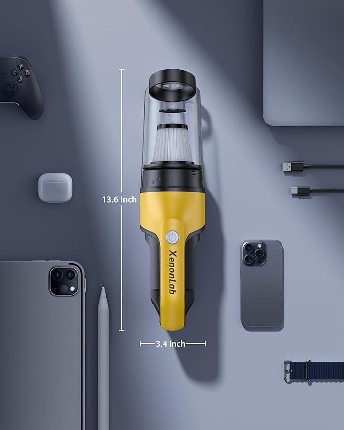 XenonLab Handheld Vacuum Cordless 1.1 Pounds Car Vac 10000PA Hand Held Vacuums 4-in-1 Hand Vac Cordless Rechargeable HEPA Filter Large Capacity Dust Cup for Car Office Home Pets Hair (Yellow)