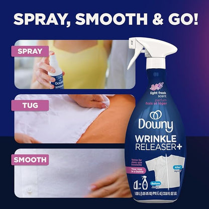 Downy Wrinkle Releaser Spray, Travel Size Spray + 16.9 Fl Oz Pack of 2, All In One Formula, Removes Wrinkles, Static and Odors, Light Fresh Scent