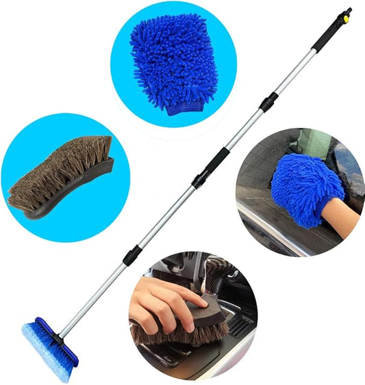 GIANT BEAR 3 Piece Cleaning Set 38-70 inch car wash Brush with 10 inch Soft Bristle Head, Horse Hair Cleaning Brush, car Cleaning Gloves, Water Flow ON/Off, for Cars, Boats, Trucks, RVs.