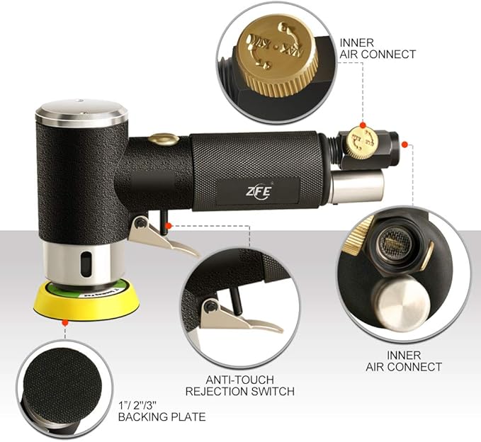 ZFE 1/2/3 Inch Random Orbital Air Sander, Mini Pneumatic Sander for Auto Body Work, High Speed Air Powered Polisher with 15 Polishing Buffing Pads,18 Sandpapers