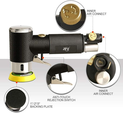 ZFE 1/2/3 Inch Random Orbital Air Sander, Mini Pneumatic Sander for Auto Body Work, High Speed Air Powered Polisher with 15 Polishing Buffing Pads,18 Sandpapers