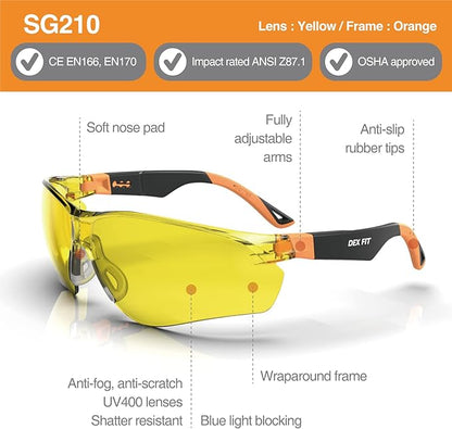 DEX FIT Safety Glasses SG210, Z87 Eye Protection, Anti-Fog & Scratch Resistant, Adjustable for Women and Men, Blue Light Blocking & UV Protection (Black & Orange Frame, Yellow Lens)