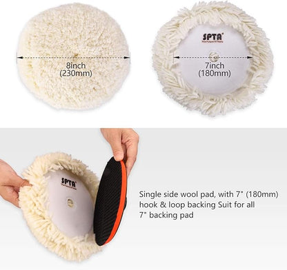 SPTA Wool Polishing Pads, 8"(200mm) 100% Natural Wool Buffing Pad with Hook & Loop Backing 4pcs Set Come with 5/8-11 Thread Backing Plate for Car Polishing, Buffing and Cutting