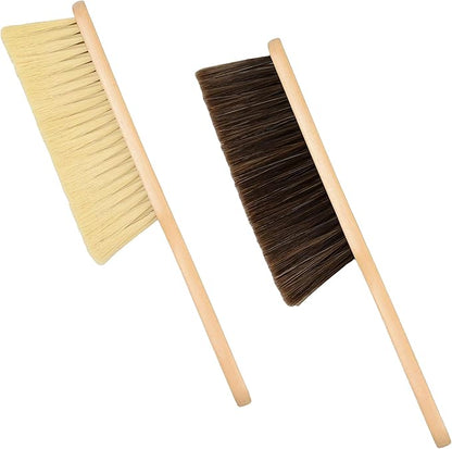 2 Pieces Woooden Dust Brush Hand Broom Bench Brush with Long Wood Handle Whisk Broom Soft Bristle Brush for Counter Bed Sofa Car Fireplace Clothes Household Cleaning (Beige)