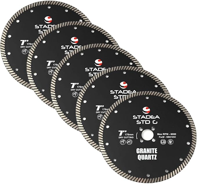 Stadea SBD115C Diamond Saw Blade 7-Inch Continuous Turbo Dry Cutting - Cuts Granite Quartz Quartzite, Fits Grinder, Saw Cutter, 8 MM Segments - Pack of 5