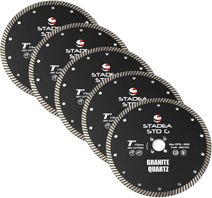 Stadea SBD115C Diamond Saw Blade 7-Inch Continuous Turbo Dry Cutting - Cuts Granite Quartz Quartzite, Fits Grinder, Saw Cutter, 8 MM Segments - Pack of 5