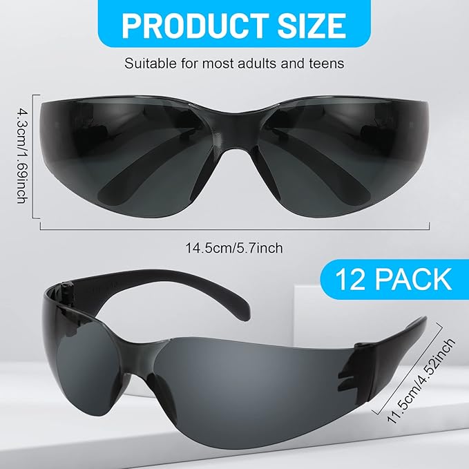 Erinnmy 12 Pack Safety Glasses,Tinted Protective Eyewear,Safety Eyewear Eye Protection Glasses,Anti Dust Impact Scratch Resistant Glasses for Men Women Work Lab Construction (Black)