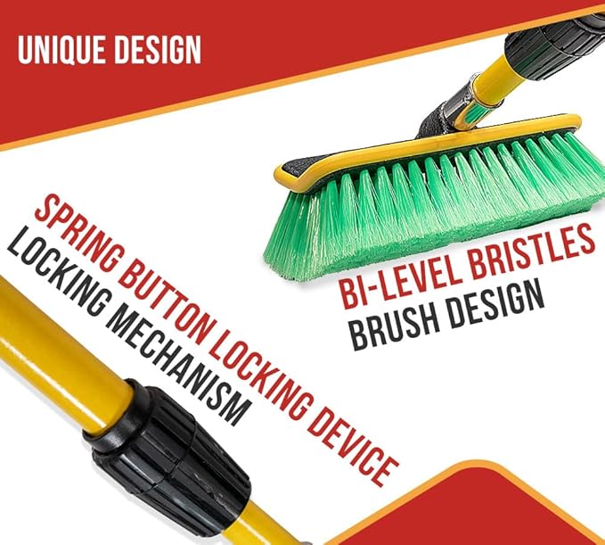 Mytee Products 10" Bi-Level Car Wash Brush and 4' to 8' Extendable Handle w/Soft Bristles Suitable for Auto RV Truck Boat Camper Exterior Washing Cleaning, Green