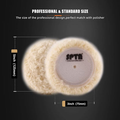SPTA Wool Polishing Pad, 5Pcs 3"(75mm) 100% Natural Wool Buffing Pad with 1Pc Hook&Loop Backing Pad, 1Pc Extension Shank for Drill Polisher Cutting, Car Body Repair Buffing