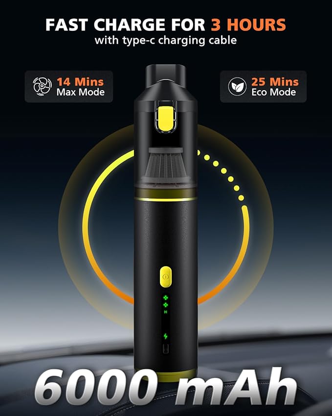 Car Vacuum Portable with 16000Pa Powerful Suction, Handheld Vacuum Cordless Rechargeable Blow & Suction 4 in 1, Small Vacuum Cleaner for Car, Home, Office, Outdoor (Black Yellow)