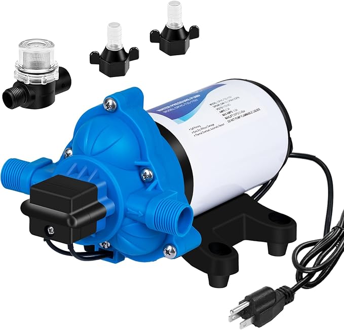 DC HOUSE 110V RV Camper Water Pressure Diaphragm Pump, 4GPM 50PSI 33-Series, On Demand Fresh Water Pump with Pressure Switch for Bathroom Shower Kitchen Sink, Food Truck & Marine Use