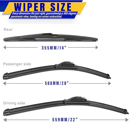 3 wipers Replacement for BMW X3 2004-2010, Windshield Wiper Blades Original Equipment Replacement - 22"/20"/14" (Set of 3) U/J Hook