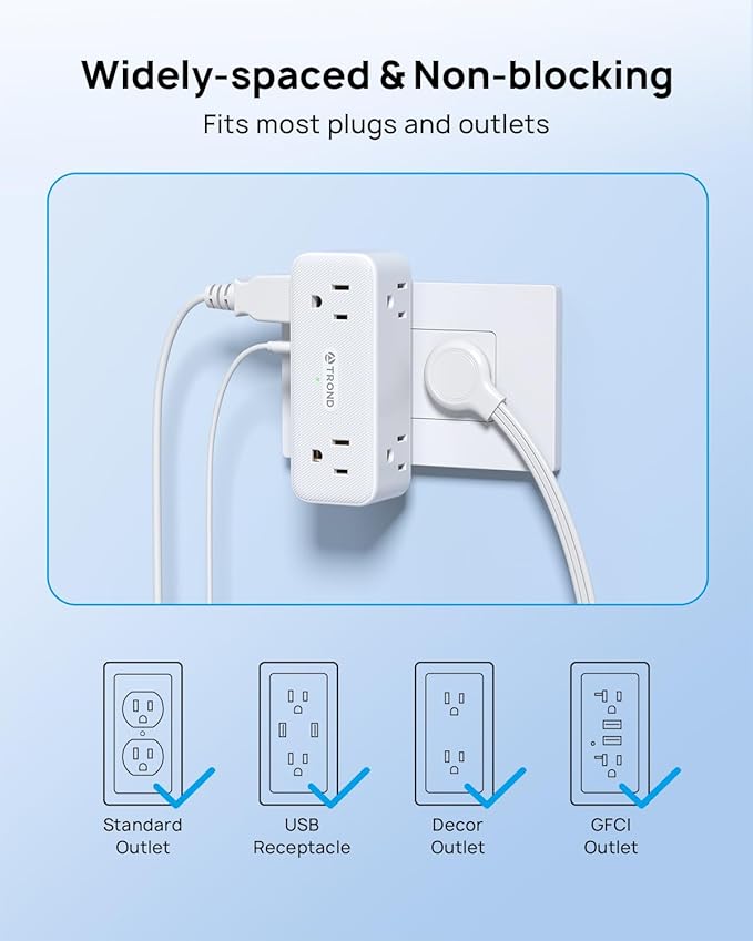 TROND Electrical Outlet Extender, 6 AC Outlet Splitter with 360° Rotating Plug, Multi Plug Adapter with PD 20W USB C, 2 USB-A & 2 USB-C, 3 Way Wall Extension Adapter for Home Office Travel Dorm