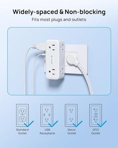 TROND Electrical Outlet Extender, 6 AC Outlet Splitter with 360° Rotating Plug, Multi Plug Adapter with PD 20W USB C, 2 USB-A & 2 USB-C, 3 Way Wall Extension Adapter for Home Office Travel Dorm