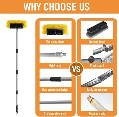 Five-Sided Car Wash Brush with 56" Long Handle | Car Wash 12" Dip Soft Five-Sided Brush | No Scratch Soft Bristle Brush for Car, RV, Boat, Solar Panel House Siding, Snow, Floors Washing