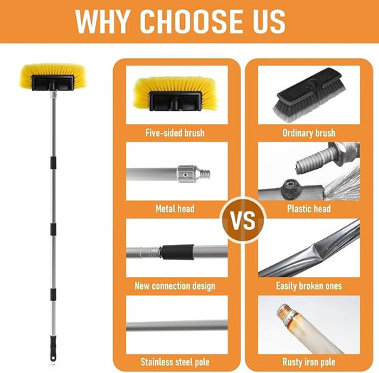 Five-Sided Car Wash Brush with 56" Long Handle | Car Wash 12" Dip Soft Five-Sided Brush | No Scratch Soft Bristle Brush for Car, RV, Boat, Solar Panel House Siding, Snow, Floors Washing